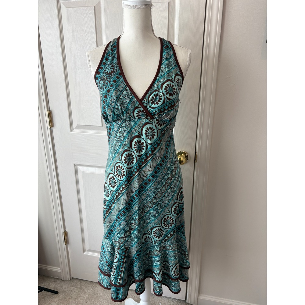 La Jolie Halter Dress Womens Medium Teal Brown Geometric Floral Excellent Boho